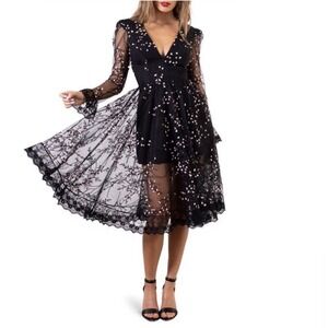 HELSI Ella Embroidered Long Sleeve Deep V-Neck Midi Dress, Black, XL, 12/14, NWT